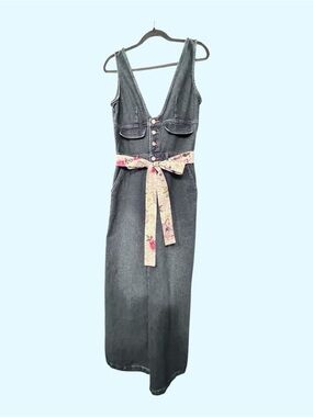 Cider Washed Black Denim Maxi Jumpsuit with Floral Tie Belt
